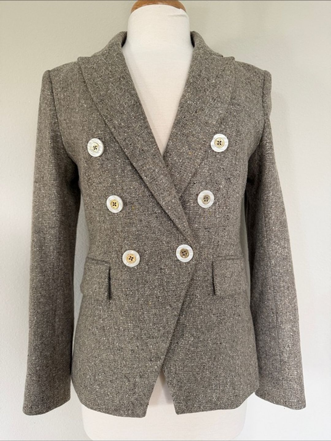 Veronica Beard Double-Breasted Tweed Blazer in Brown/Tan w/ subtle metallic