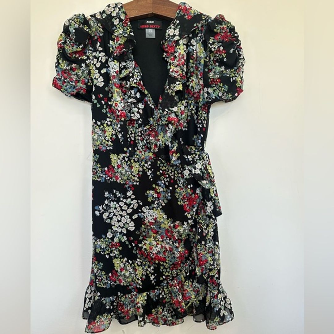 Vintage Miss Sixty Black and Red Puff Sleeve Wrap Dress