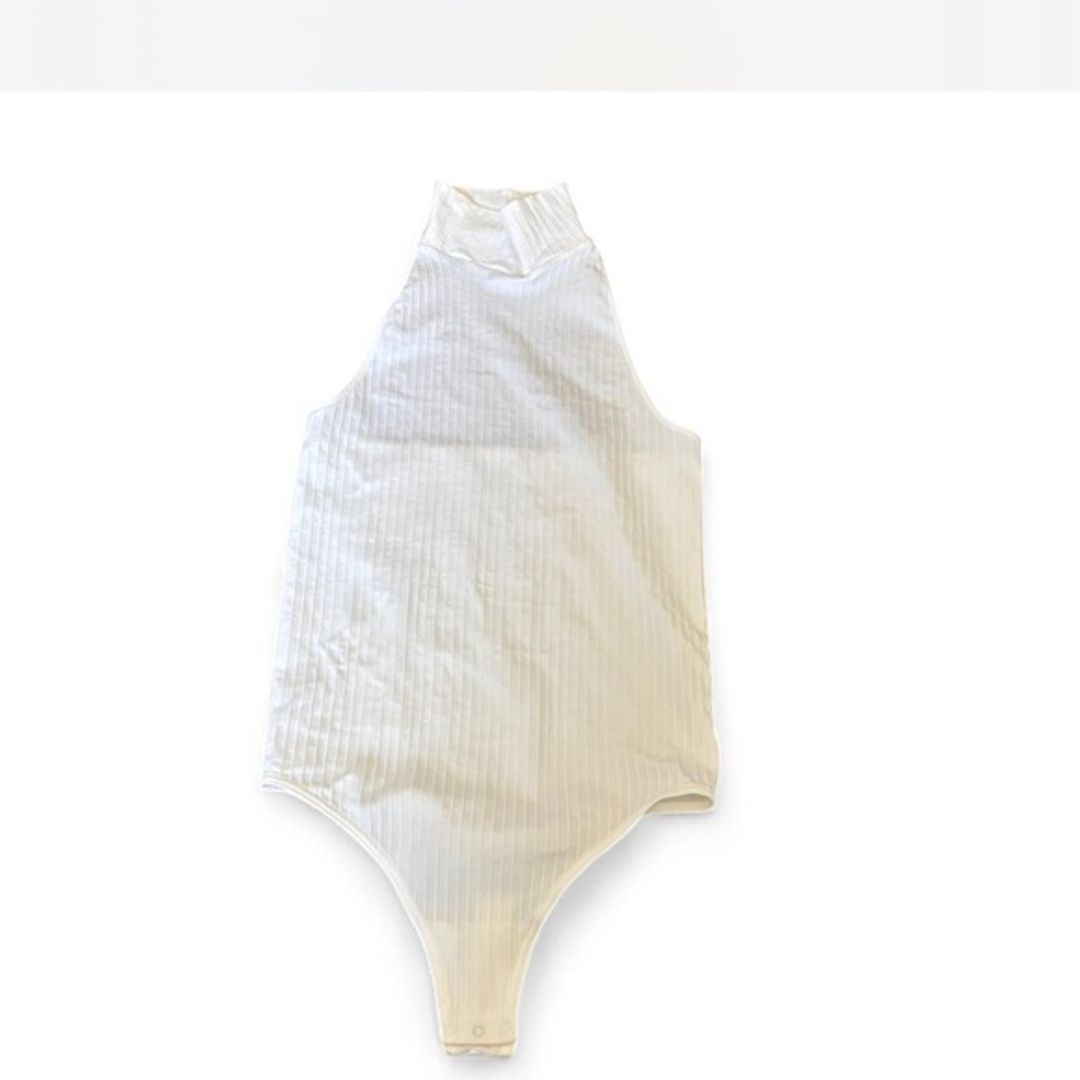 Off White High Neck Sleeveless Ribbed Bodysuit
