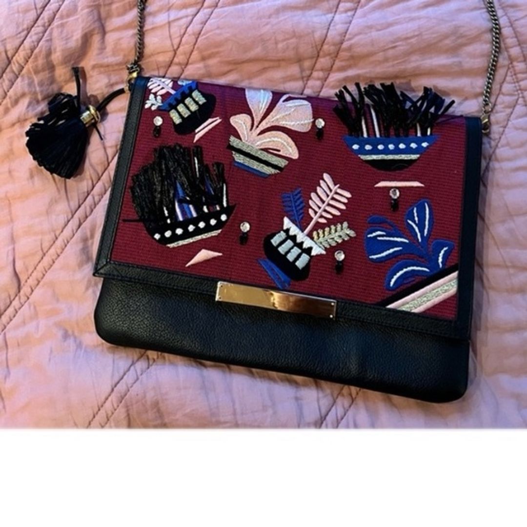 Lizzie Fortunato Port of Call Embroidered Black Leather Clutch