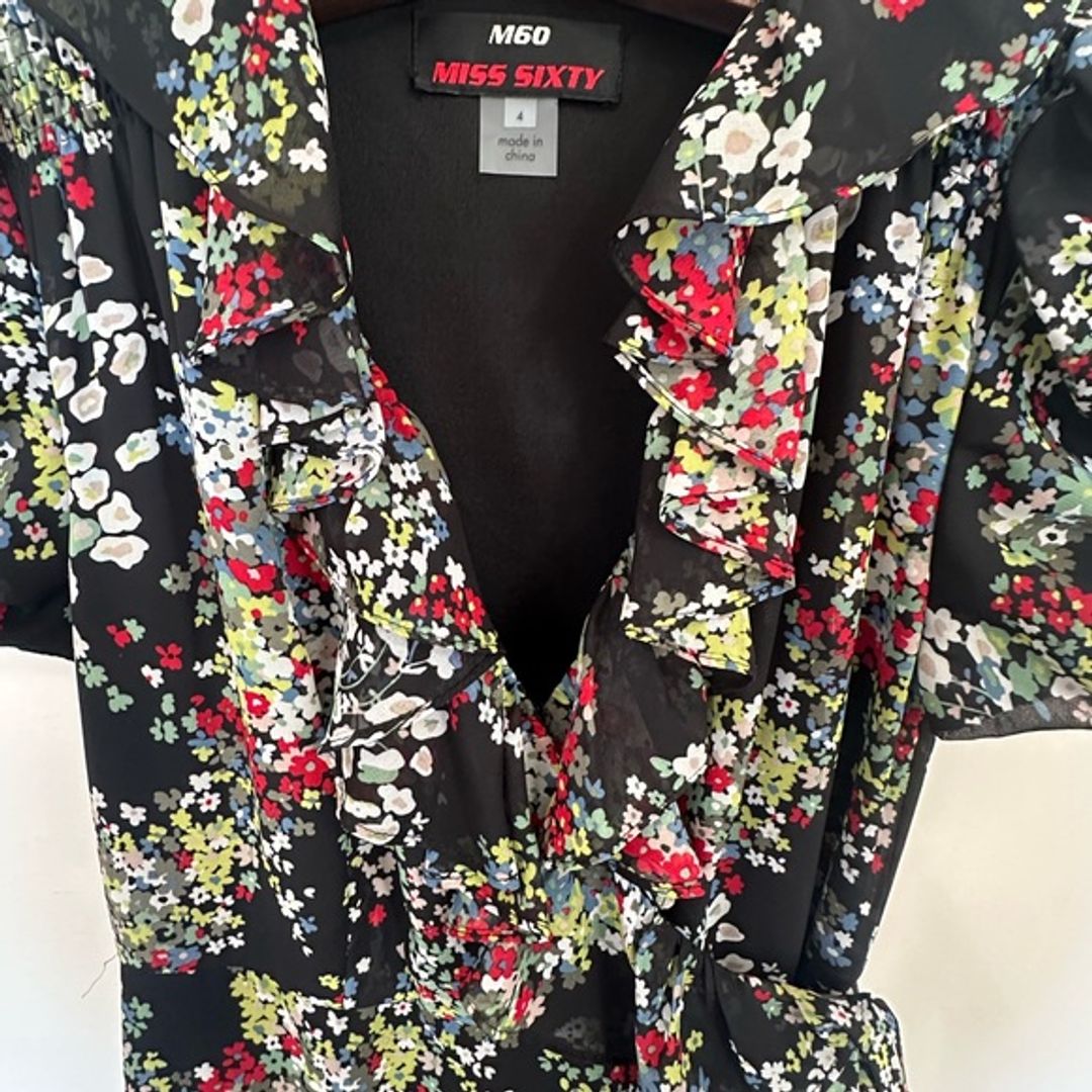 Miss Sixty Vintage Black and Red Puff Sleeve Wrap Dress