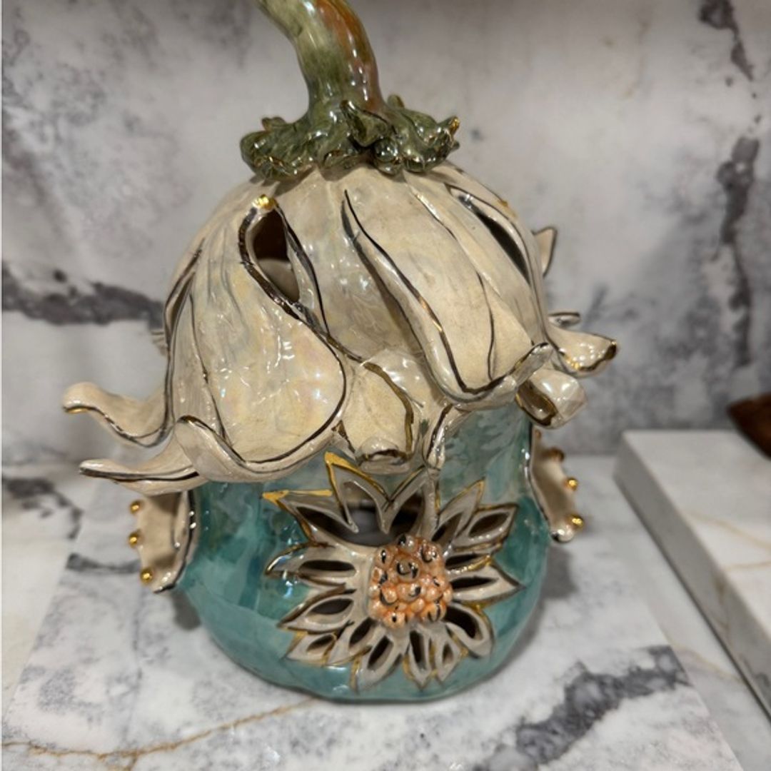 Heather Goldminc Blue Sky Tan Clayworks Tea Light Fairy House