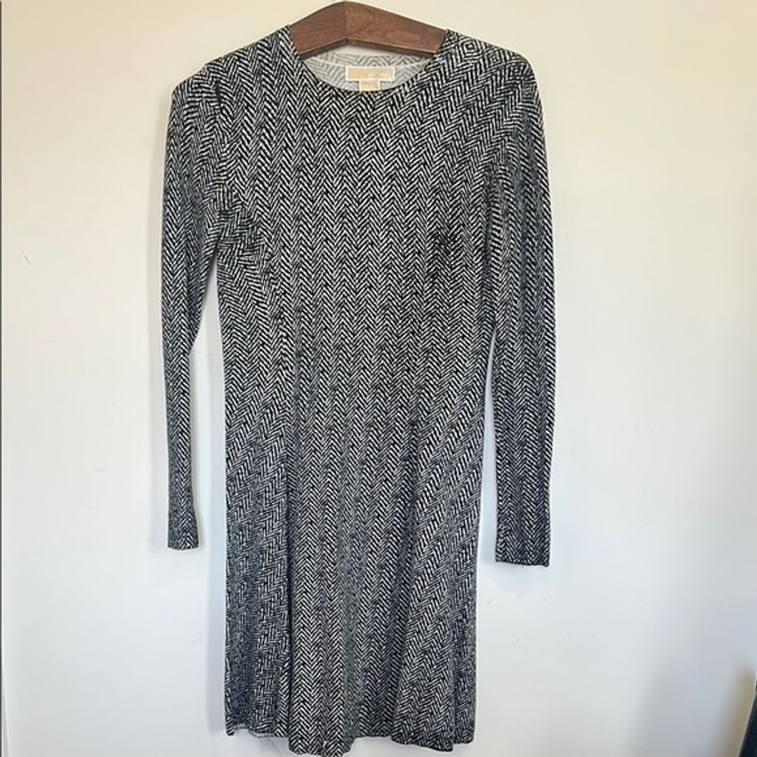Michael Kors Black and White Herringbone Fit & Flare Sweater Dress
