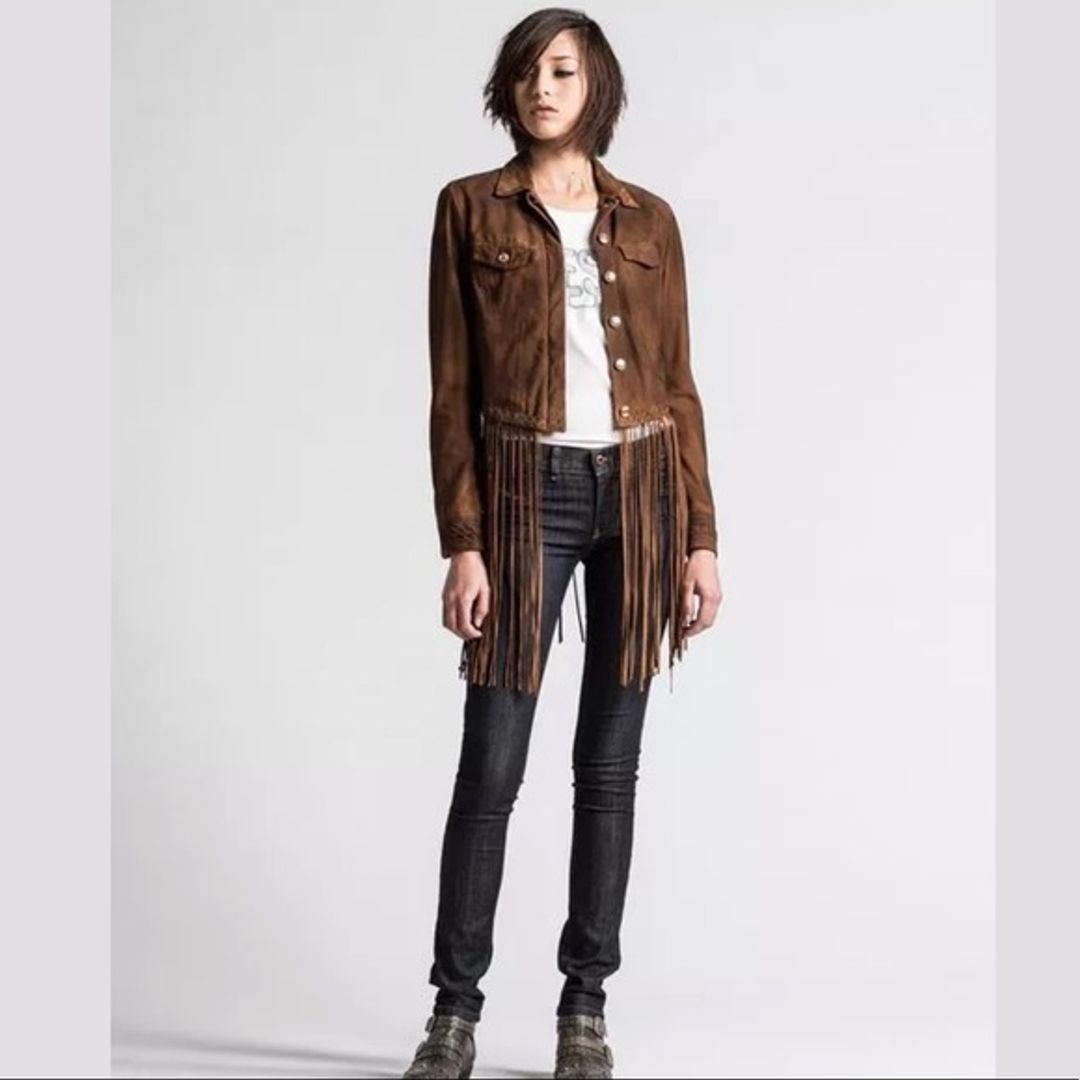 Diesel Fringe Crop Suede Leather Whipstich Jacket