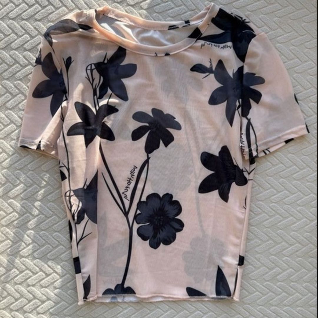 Sheer Floral Print Women's Top - Black and Cream