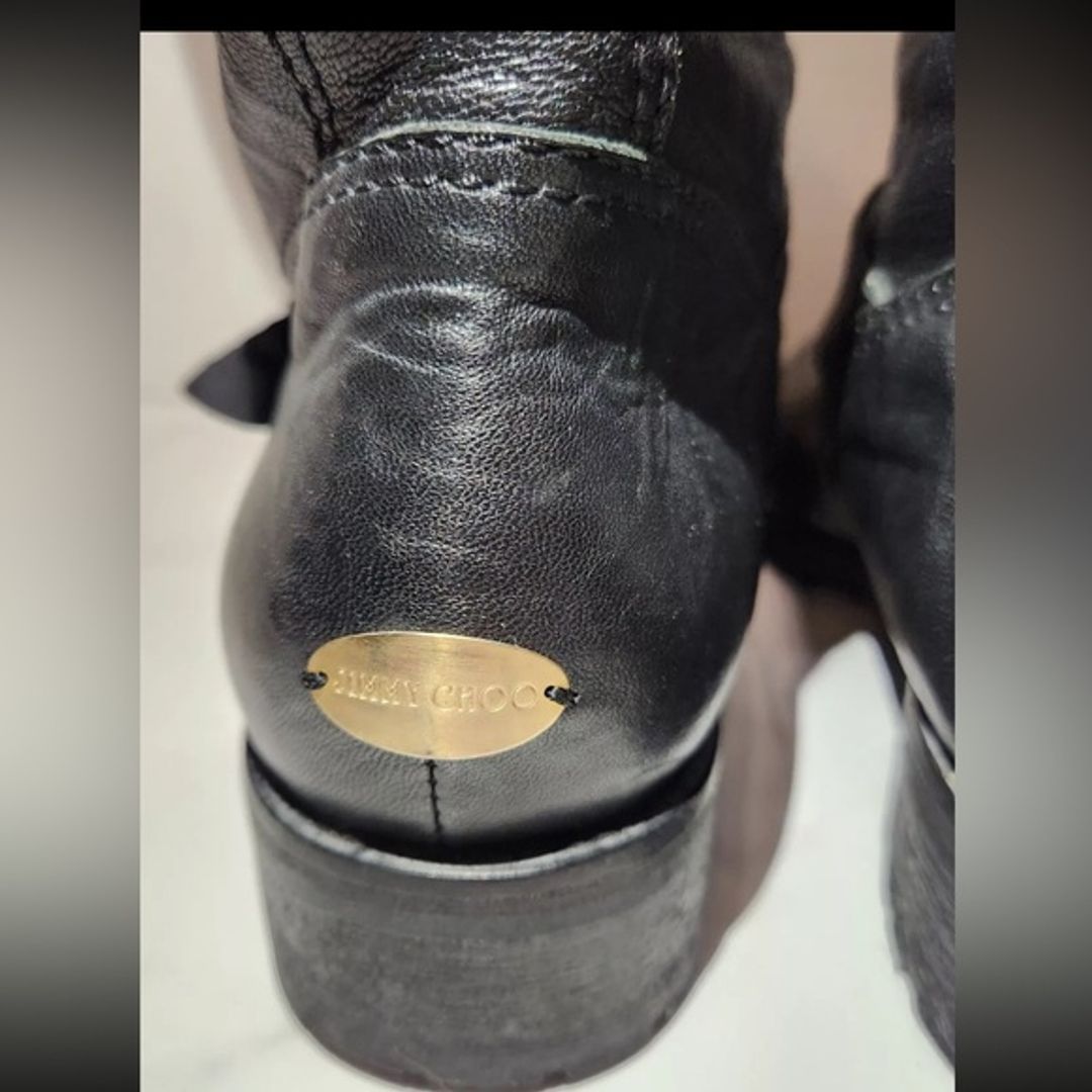 Jimmy Choo Black Crinkle Leather Ankle Biker Moto Boots