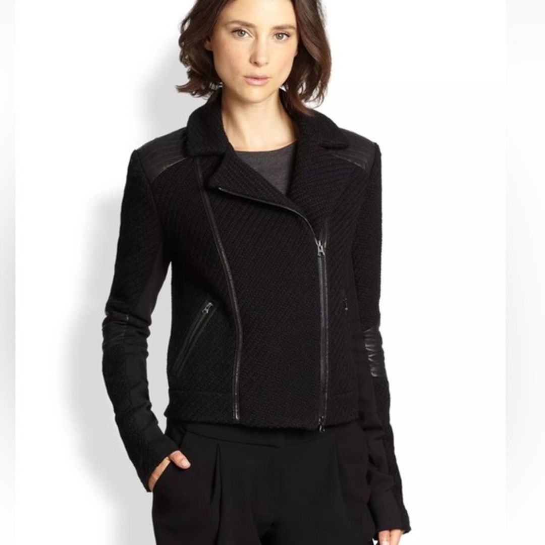 Black Leather Trimmed Bouclé Moto Jacket
