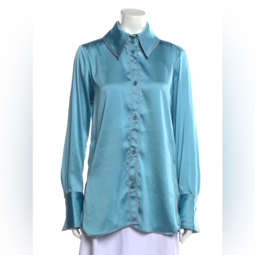 Stine Goya Turquoise Heavy Satin Button-Up Collared Top Red Contrast Stitching