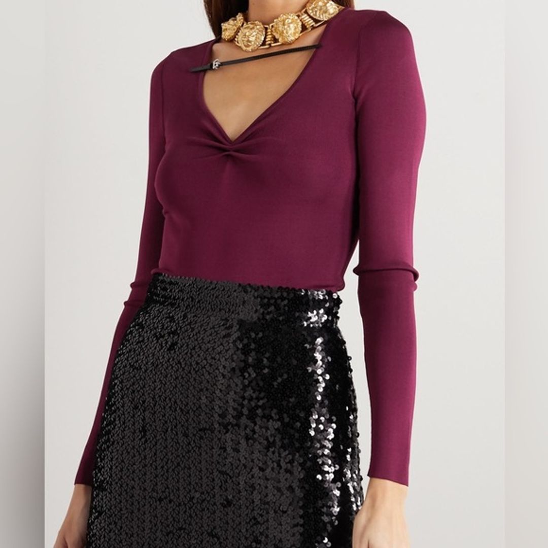 Gucci Women's Purple Ruched Patent Leather-trimmed Stretch-jersey Bodysuit