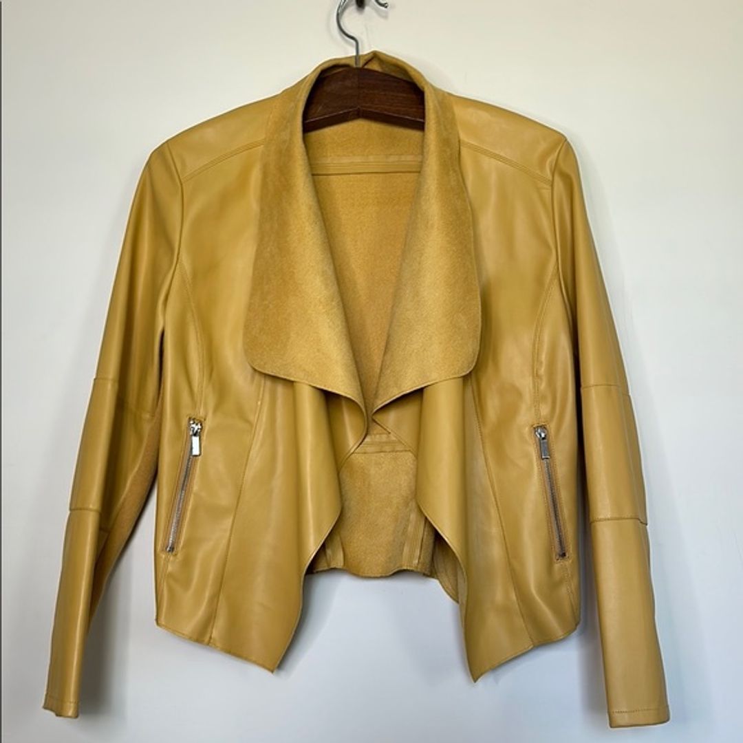 Bagatelle Faux Leather Moto Jacket with Design and Draped Lapel