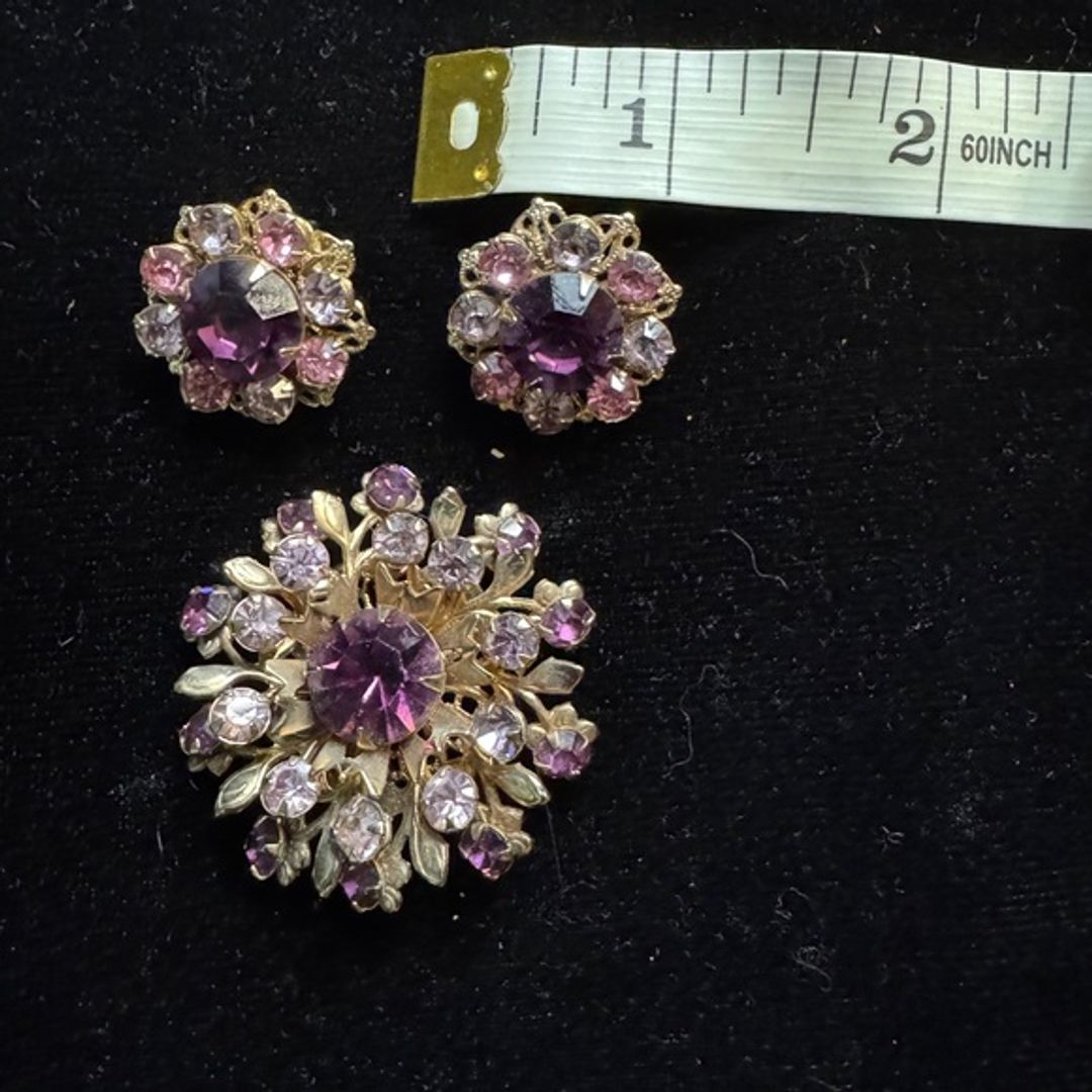 Vintage Purple and Pink Brooch and Earrings Set