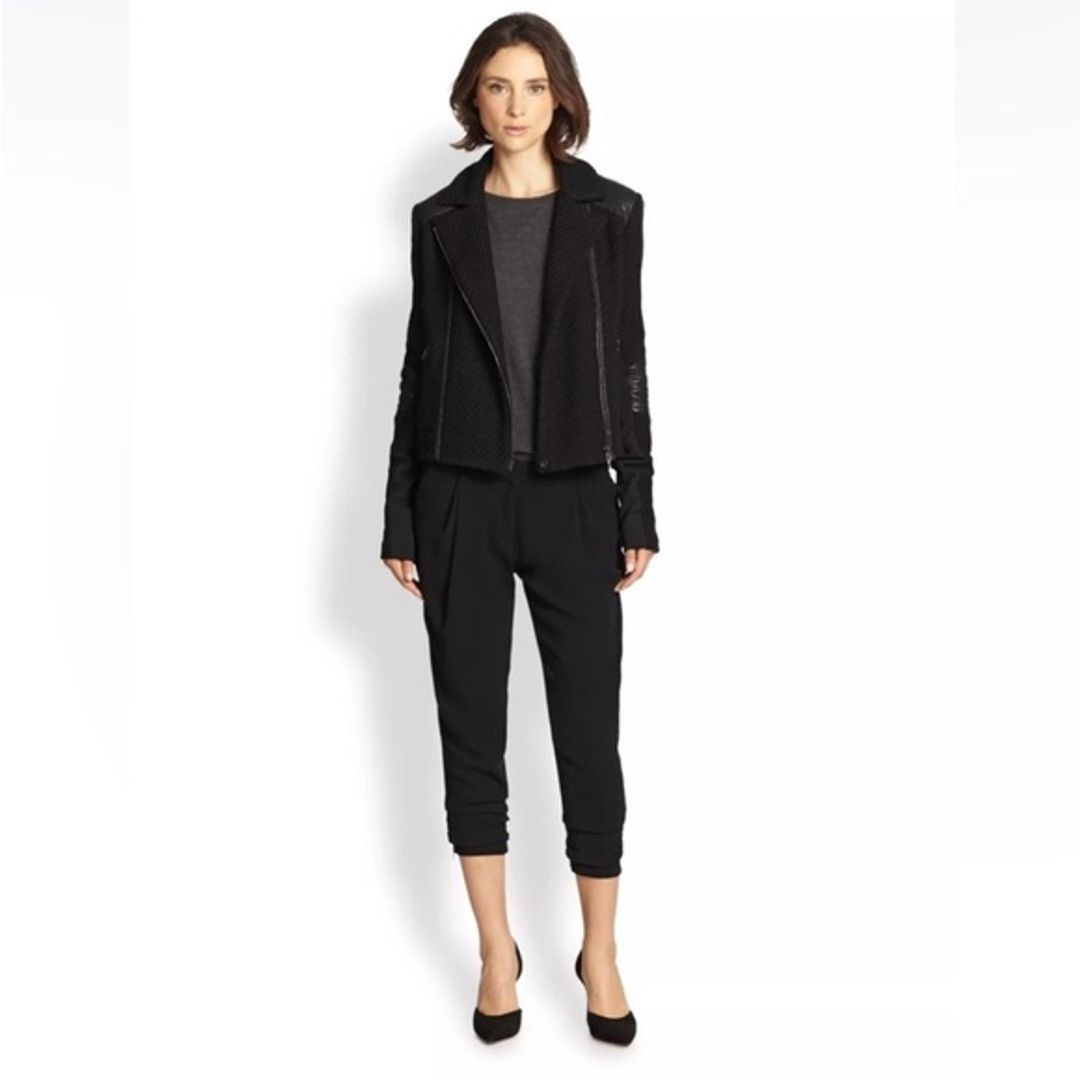 Black Leather Trimmed Bouclé Moto Jacket #3