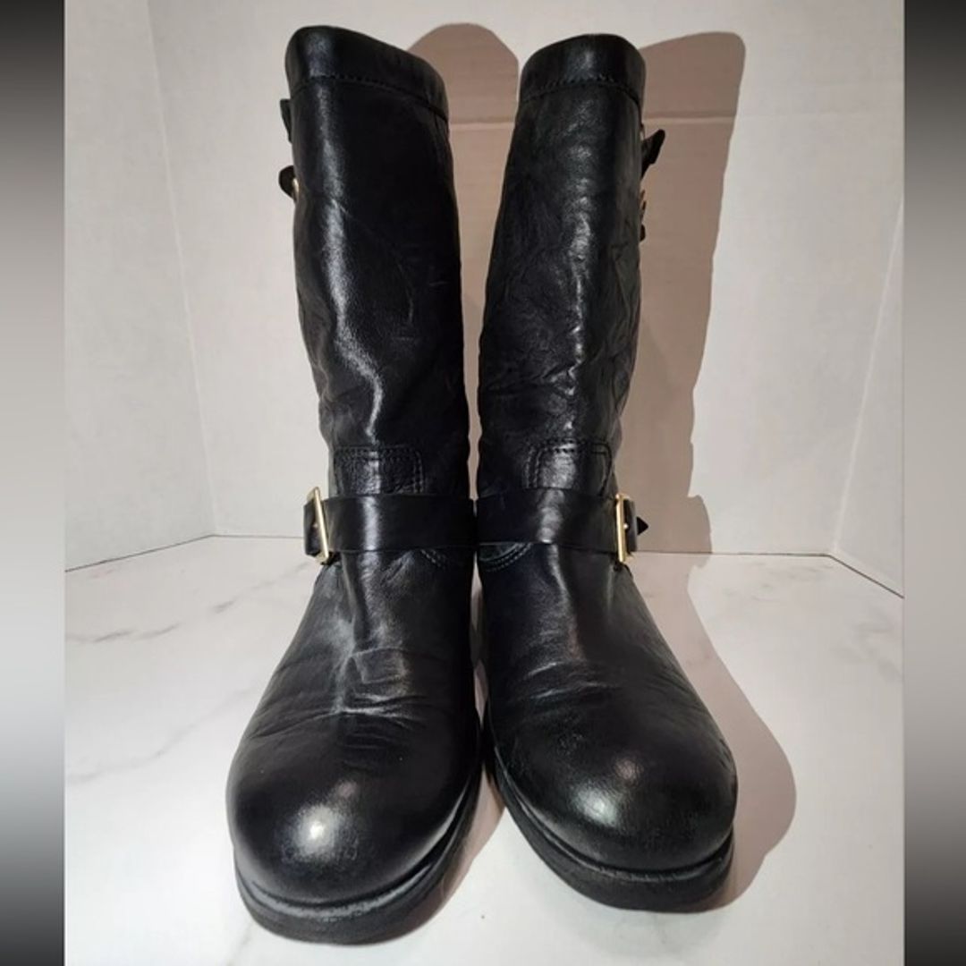 Jimmy Choo Black Crinkle Leather Ankle Biker Moto Boots