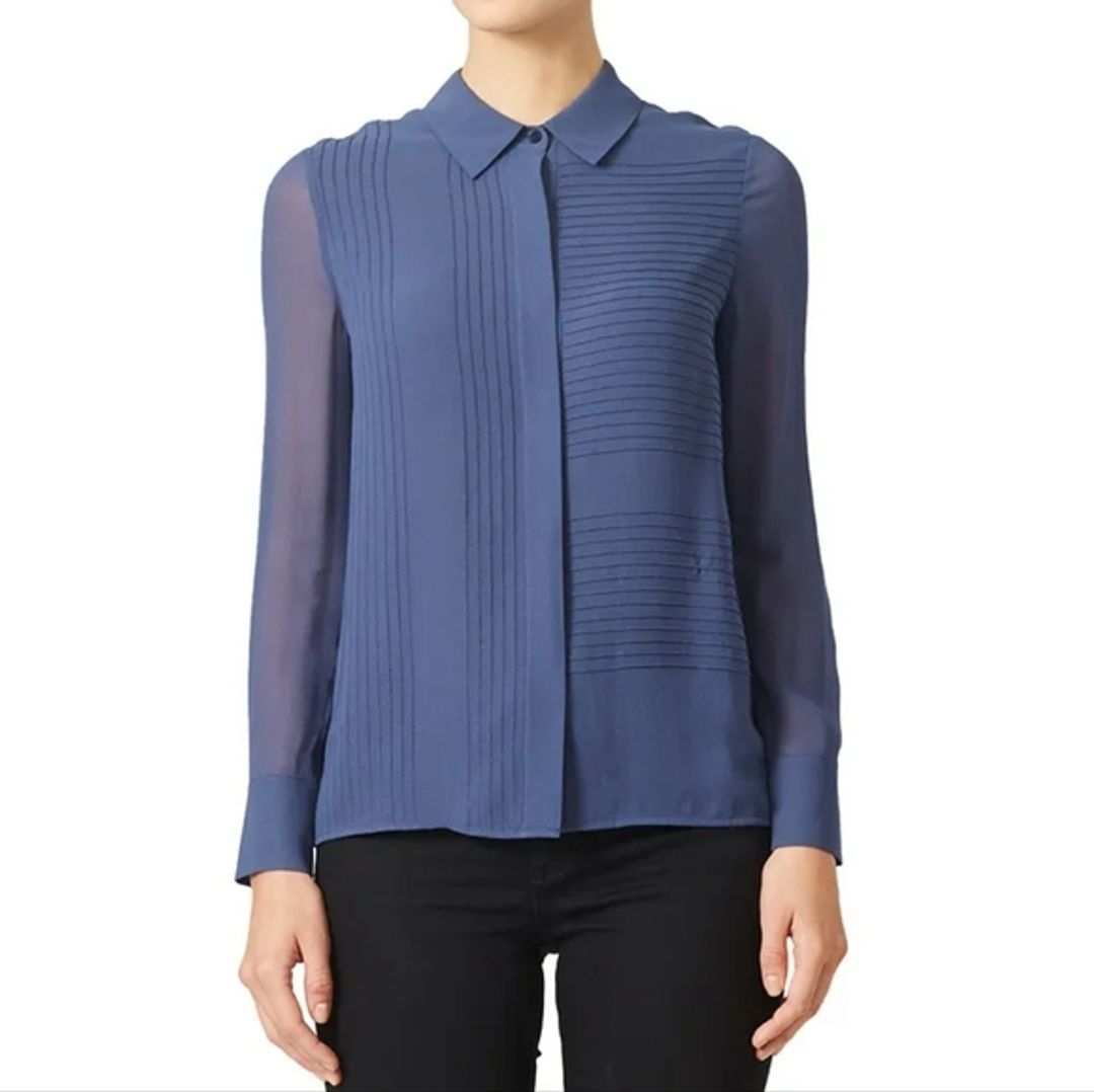 Tory Burch Navy Blue Silk Pintuck Buttondown Blouse Size 12