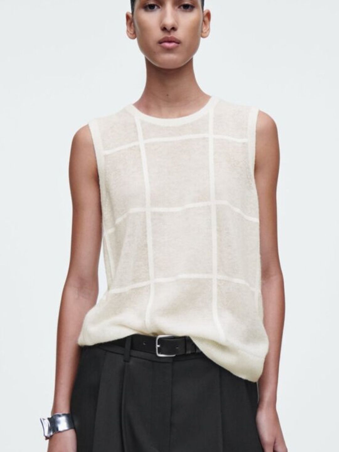 COS Windowpane Check Cotton Wool & Alpaca Blend Tank Top in Ivory