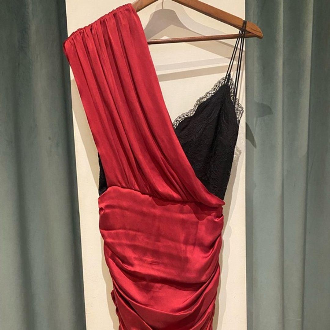 Bianca Rouched One shoulder Stretch Silk Mini Dress in Red