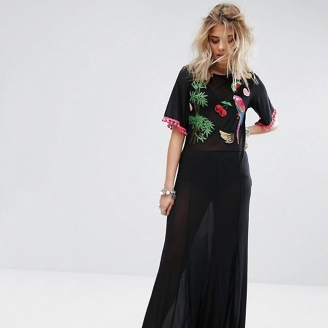 Boohoo Women's Black Parrot Embroidered Mesh Maxi