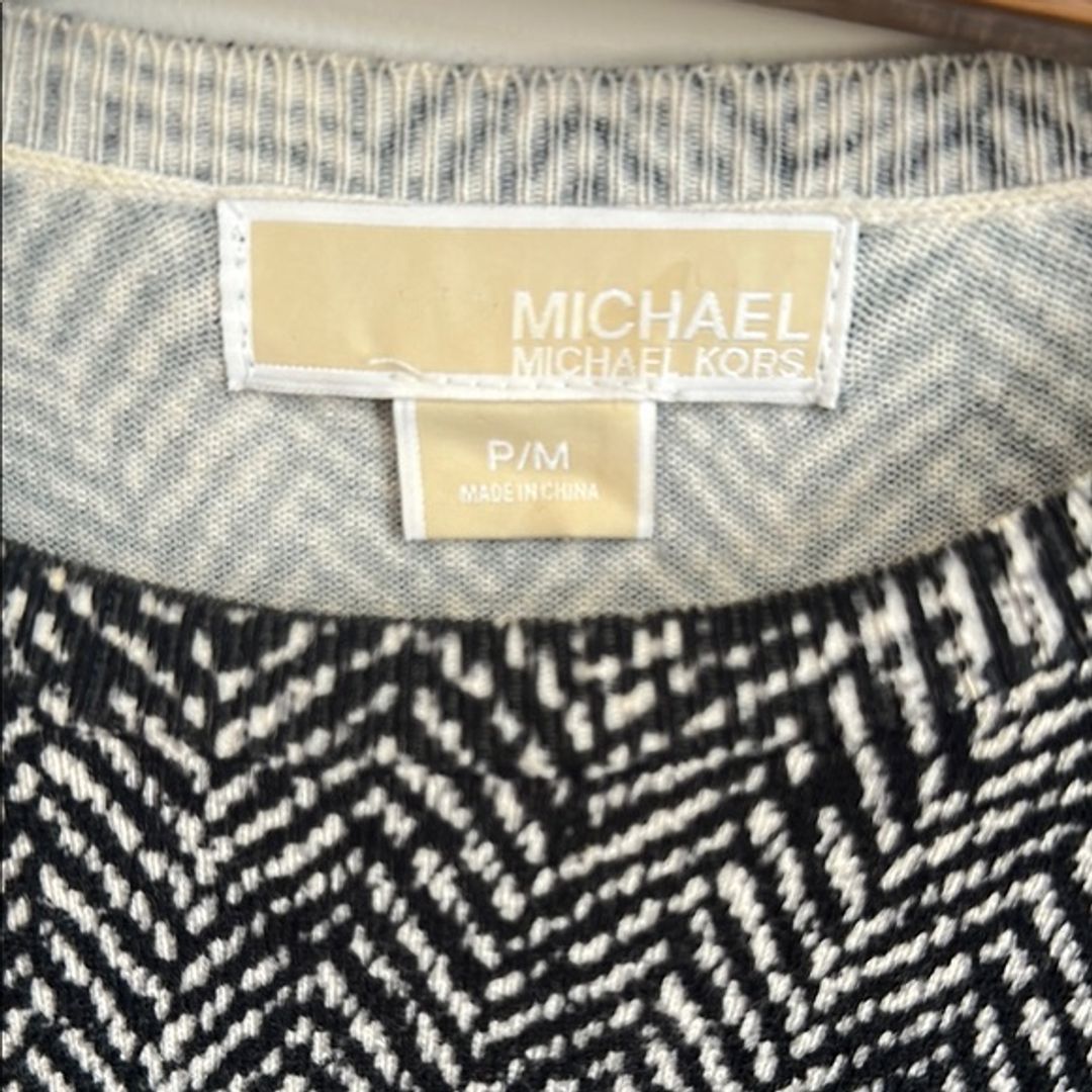 Michael Kors Black and White Herringbone Fit & Flare Sweater Dress