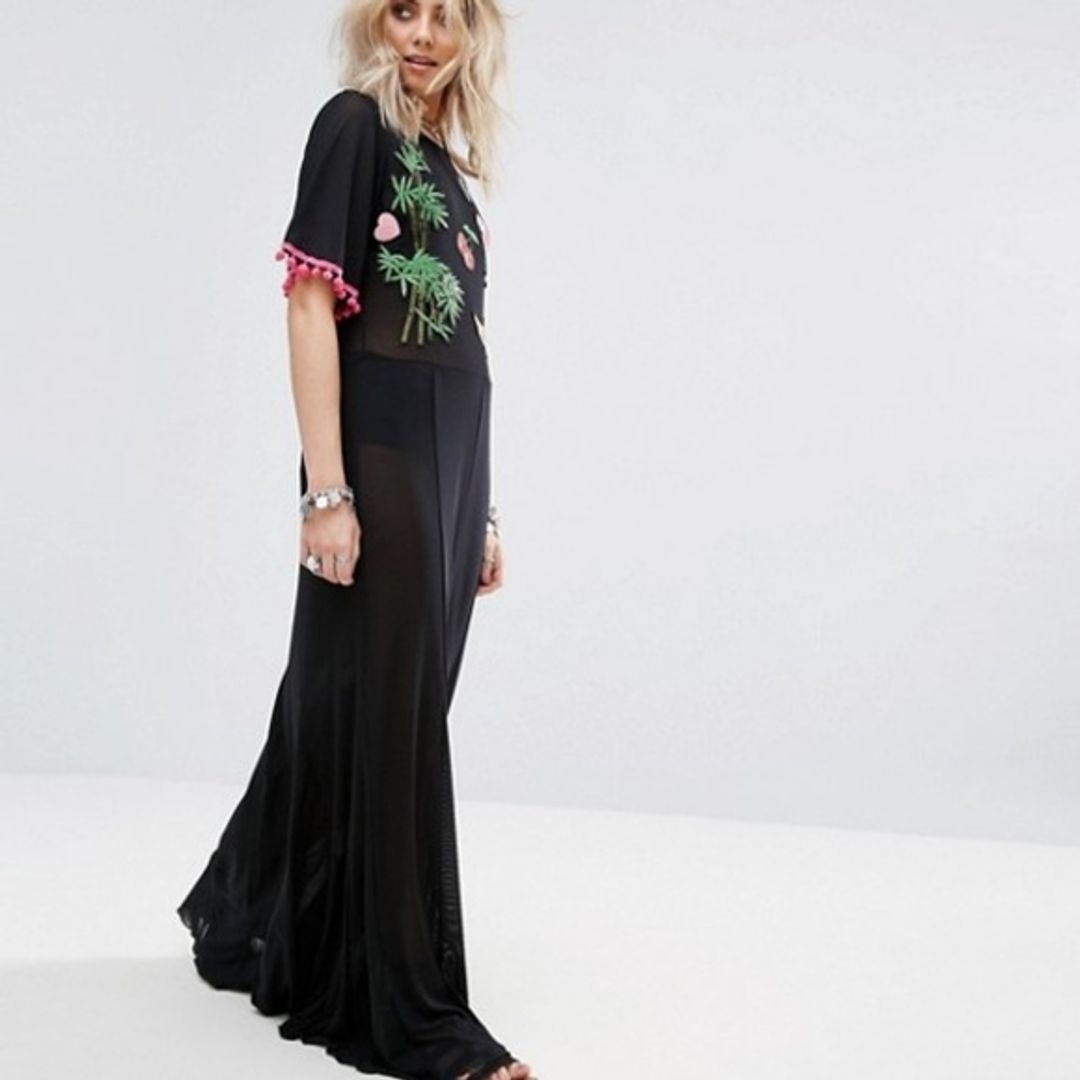 Boohoo Women's Black Parrot Embroidered Mesh Maxi #3