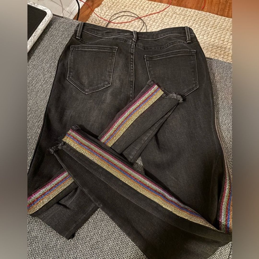 Aqua Grey Denim Skinny Jeans with Rainbow Glitter Stripes