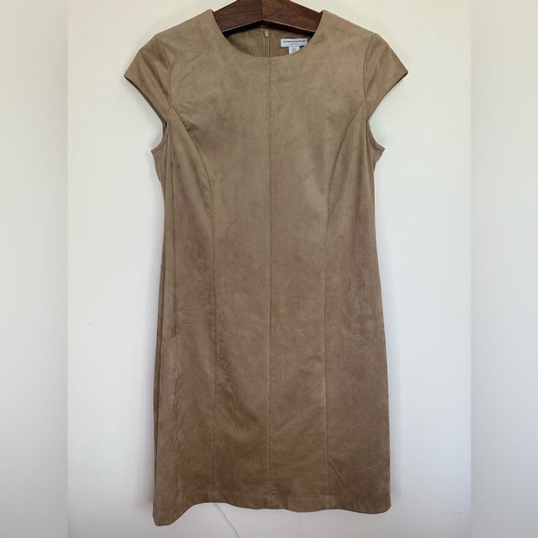 Tan Sheath Faux Suede Dress with Cap Sleeves and Crew Neck