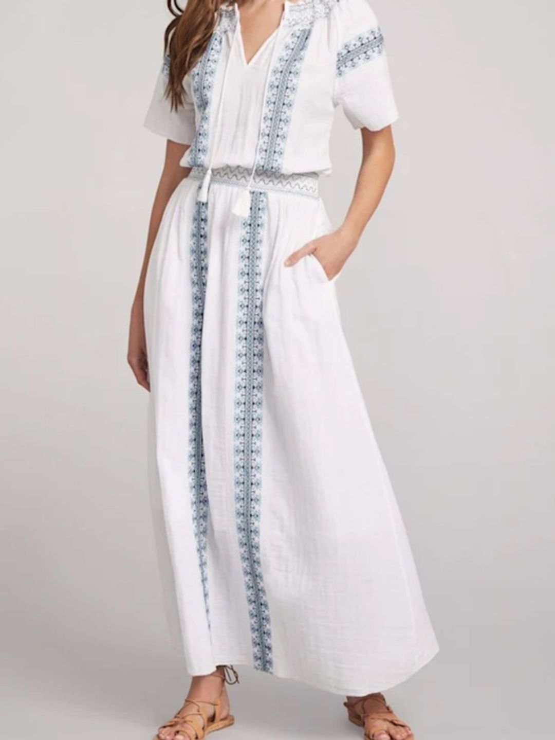 Faherty Catrina White Maxi Dress with Blue Embroidered Panels