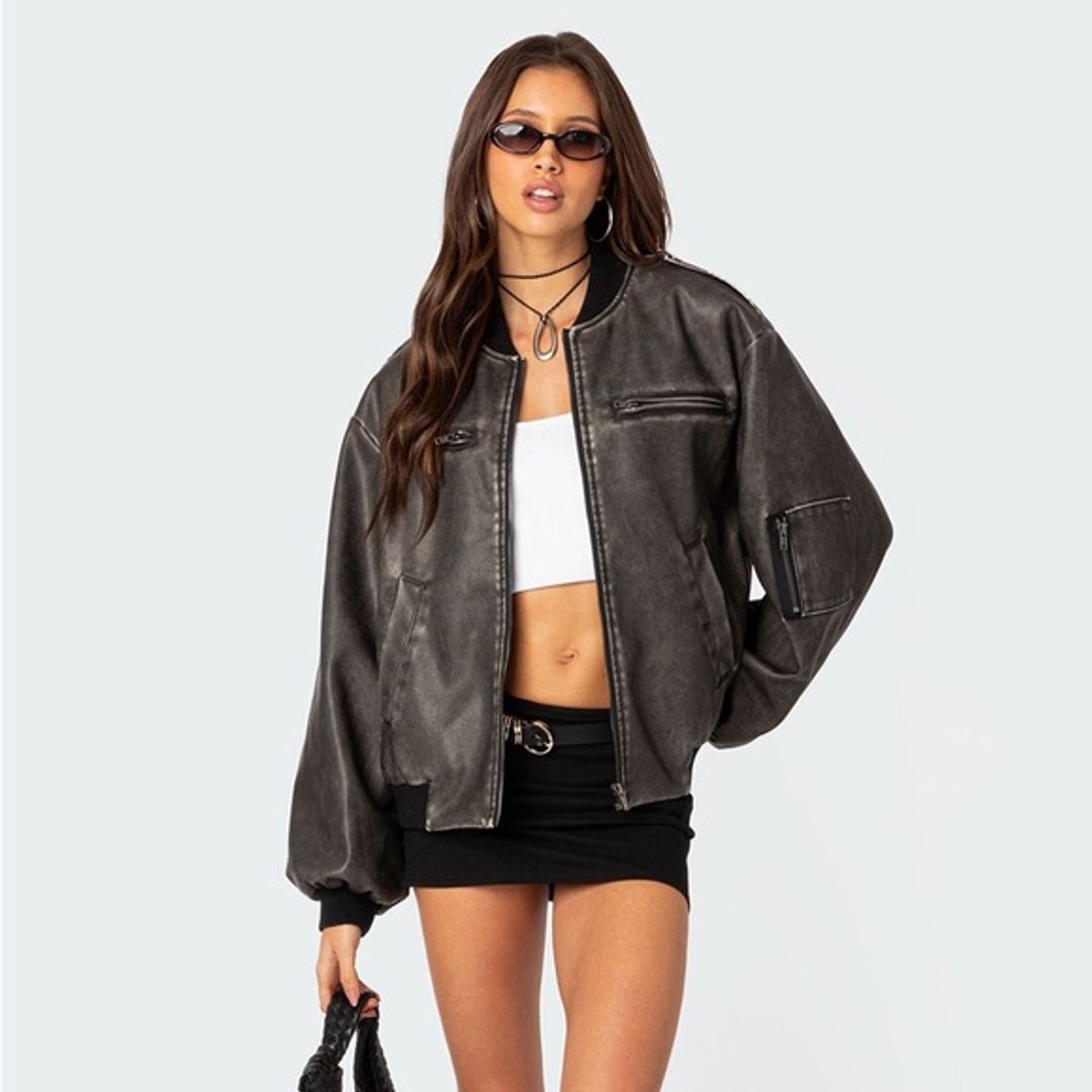 Edikted Black Bomber Jacket with Stand-Up Collar and Relaxed Fit