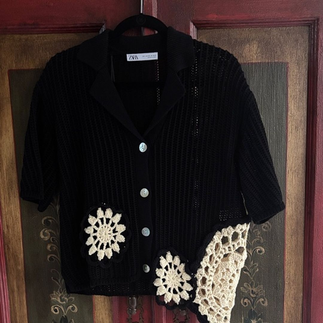 Zara Black Cardigan with Cream Crochet Details