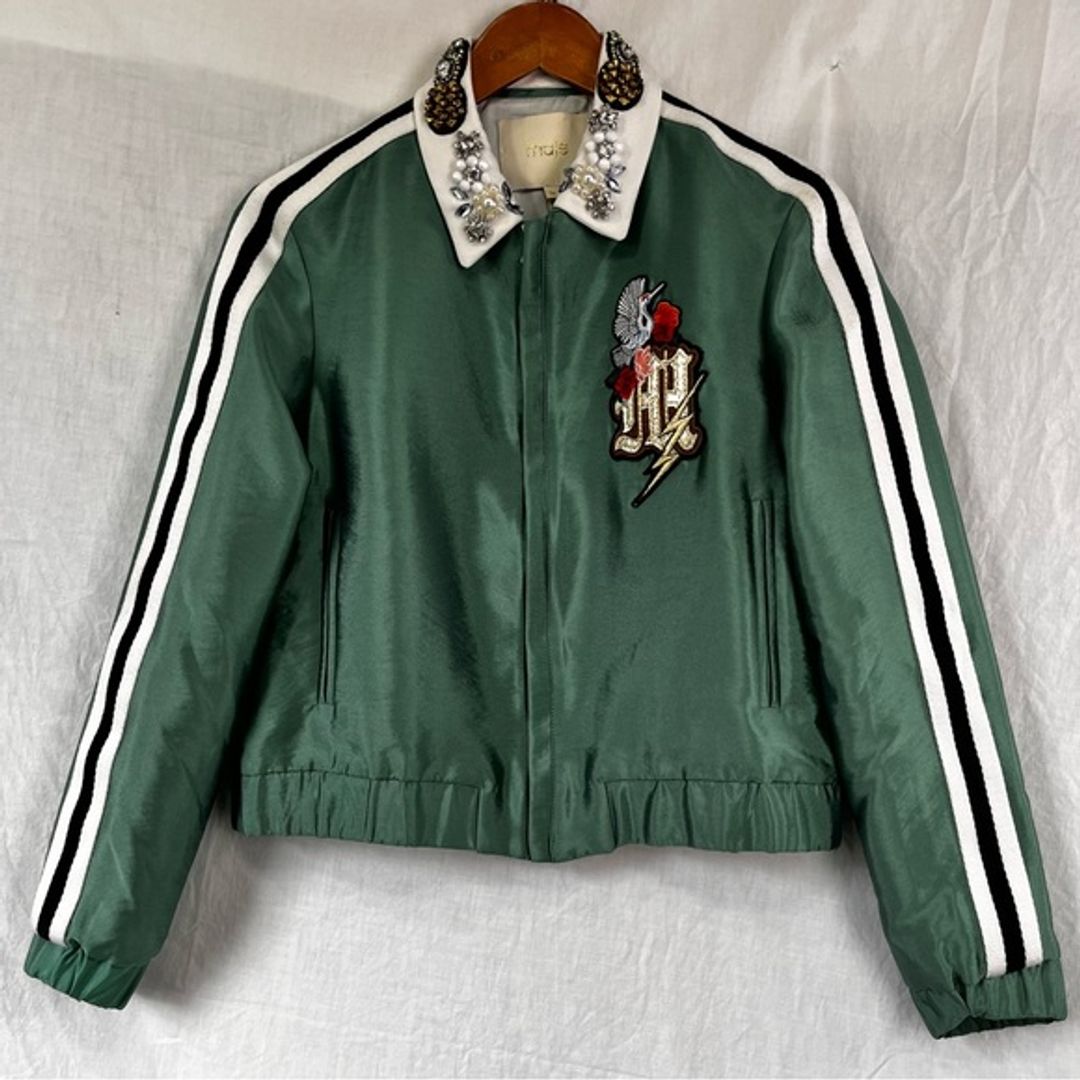 Maje Green Satin Bomber Jacket Beaded Collar