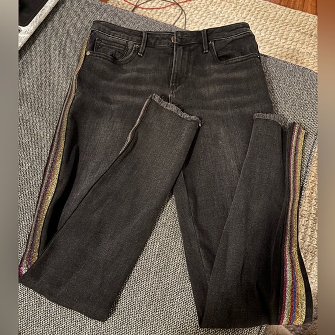 Aqua Grey Denim Skinny Jeans with Rainbow Glitter Stripes