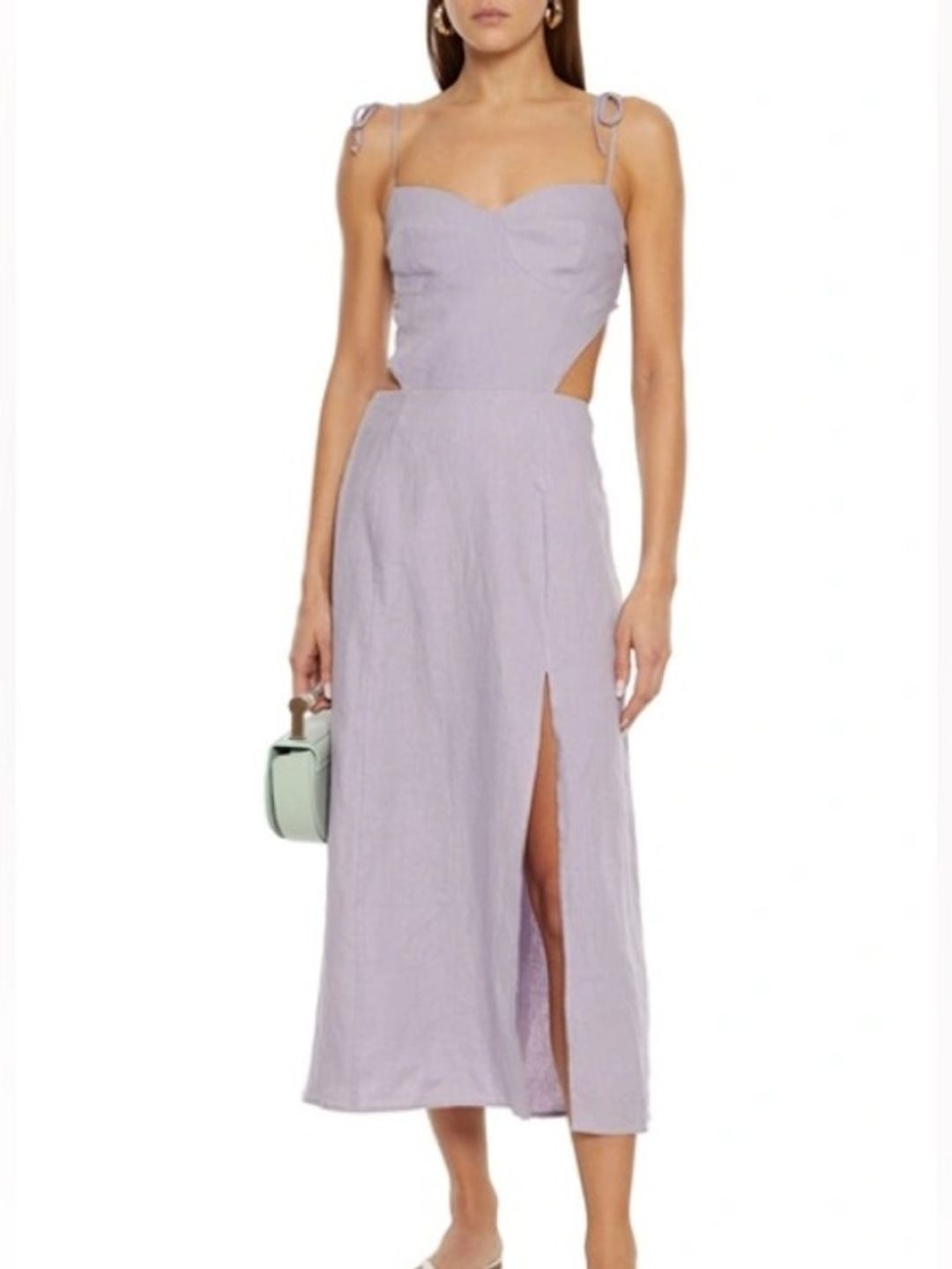 Alessa Reformation Linen Lilac Tie Shoulder Midi Dress cut out bustier size 6