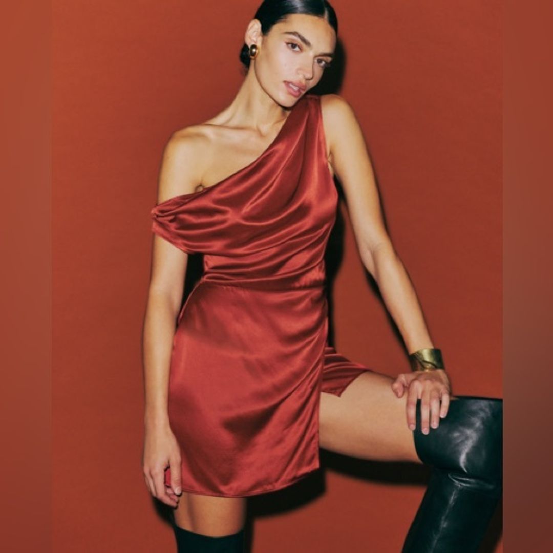 Reformation Alanis Silk Satin Mini Dress One-Shoulder Dress Rust orange Red 8