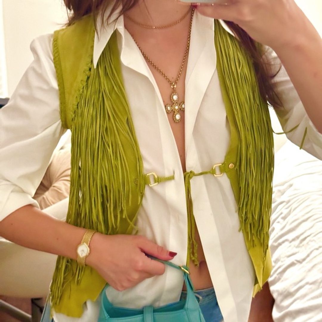 Roberto Cavalli Fringe Lime Green Suede Vest