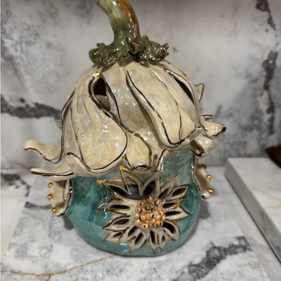 Heather Goldminc Blue Sky Tan Clayworks Tea Light Fairy House