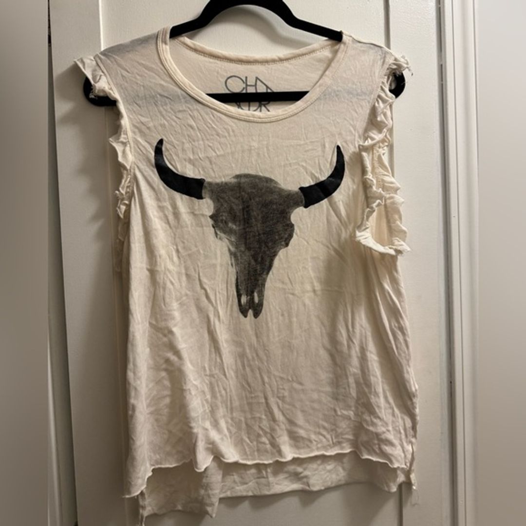 bull skull tank top with ruffled sleeve rodeo, western vibe chaser brand