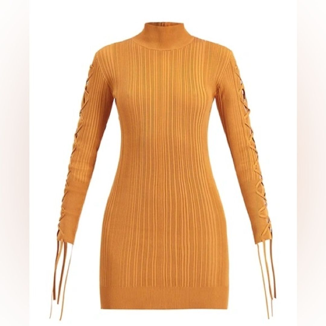 Ribbed Side Long Sleeve Lace Up Dress in Orange