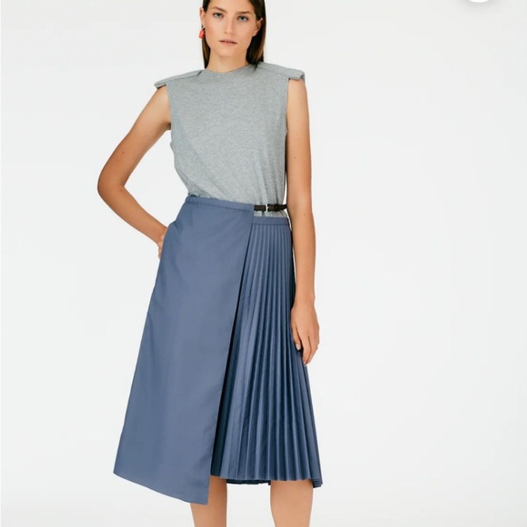 Tibi Gray Pleated Cotton Leather Wrap Skirt