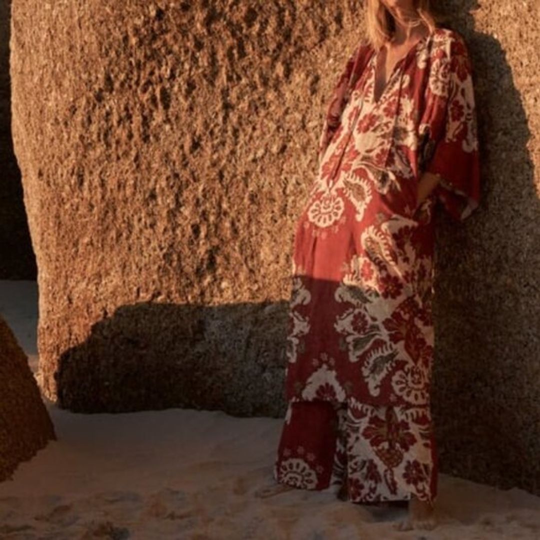 Zara Linen Blend Resort Set Printed Wide Leg Pants & Tunic Dress M/L Boho