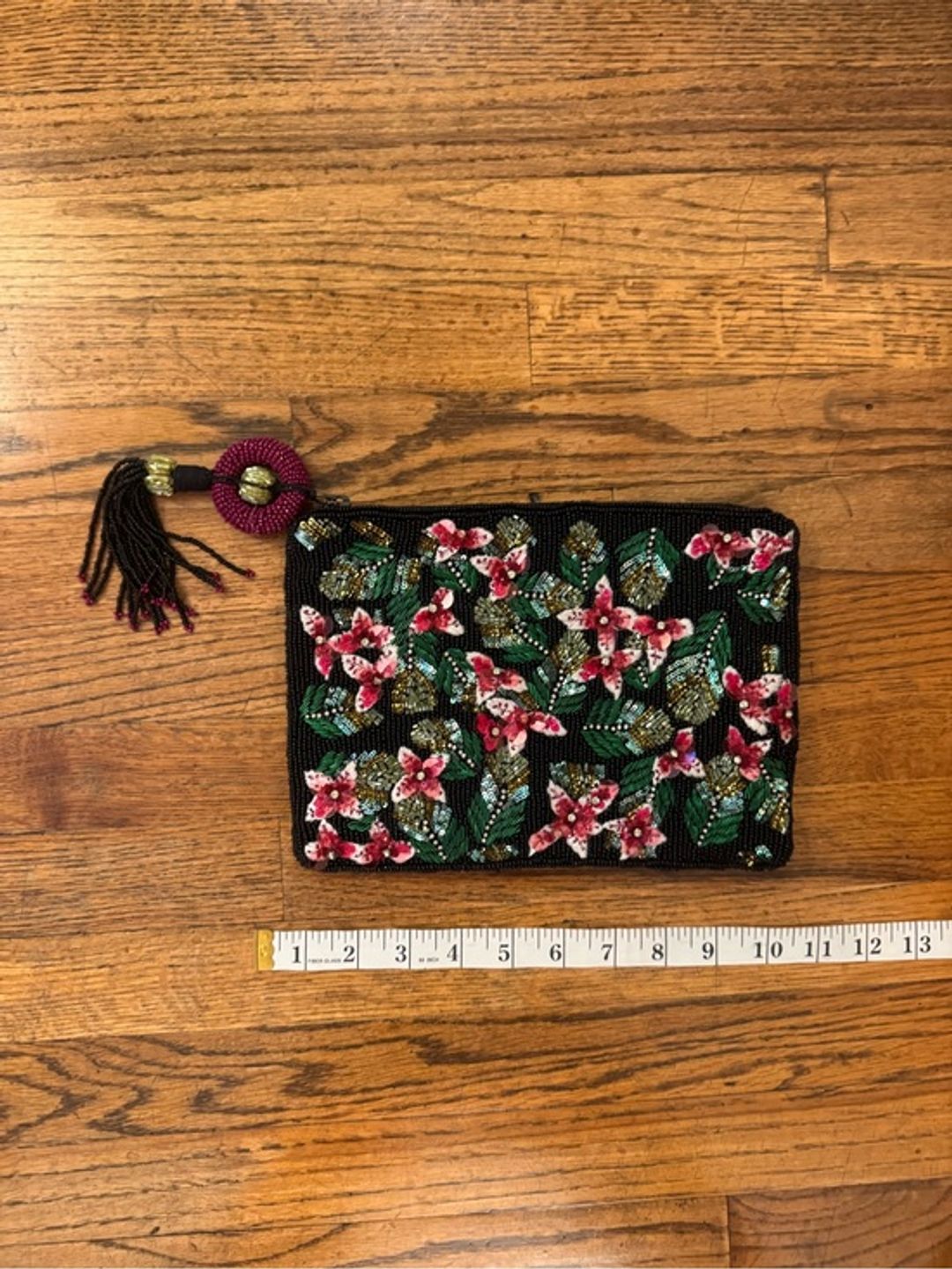 Embroidered Floral Beaded Zip Pouch Clutch Black with Pink Flowers Anthropologie