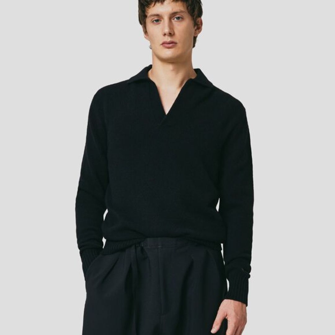 Seven Gauge Black Wool Polo Sweater