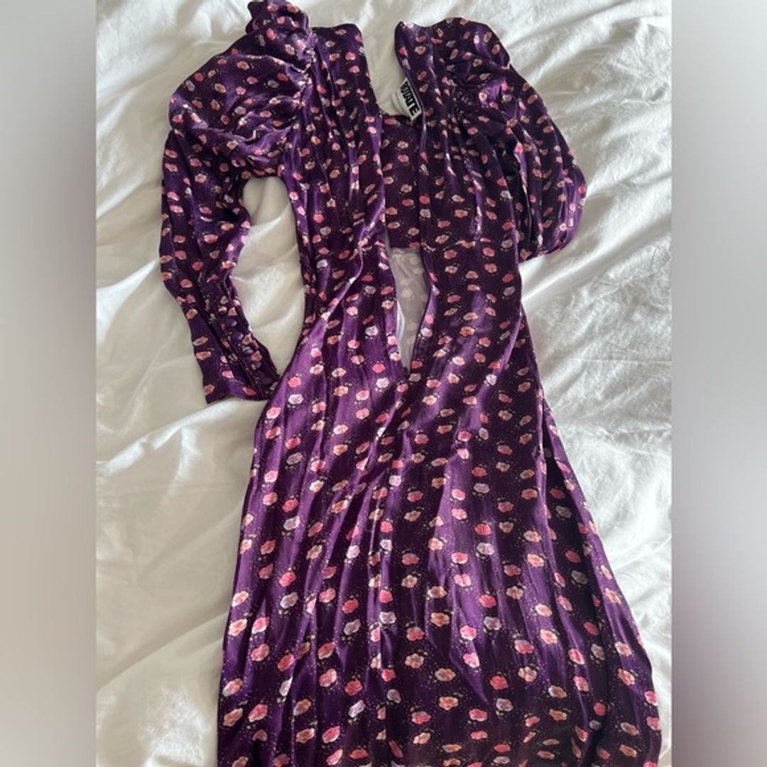 Rotate Birger Christensen Pansy Print Clair Midi Long-Sleeve Dress | Purple