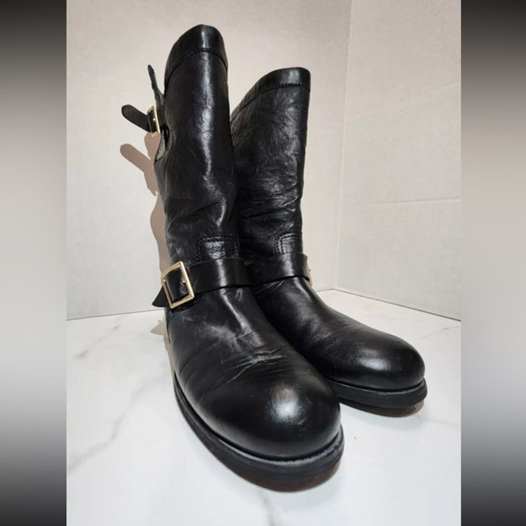 Jimmy Choo Black Crinkle Leather Ankle Biker Moto Boots
