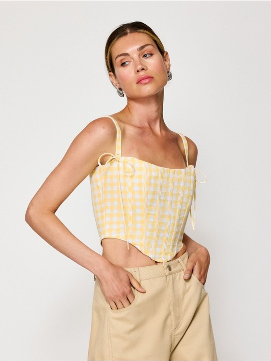 NWT Line & Dot Juni Corset Yellow Gingham Tie-Strap Top