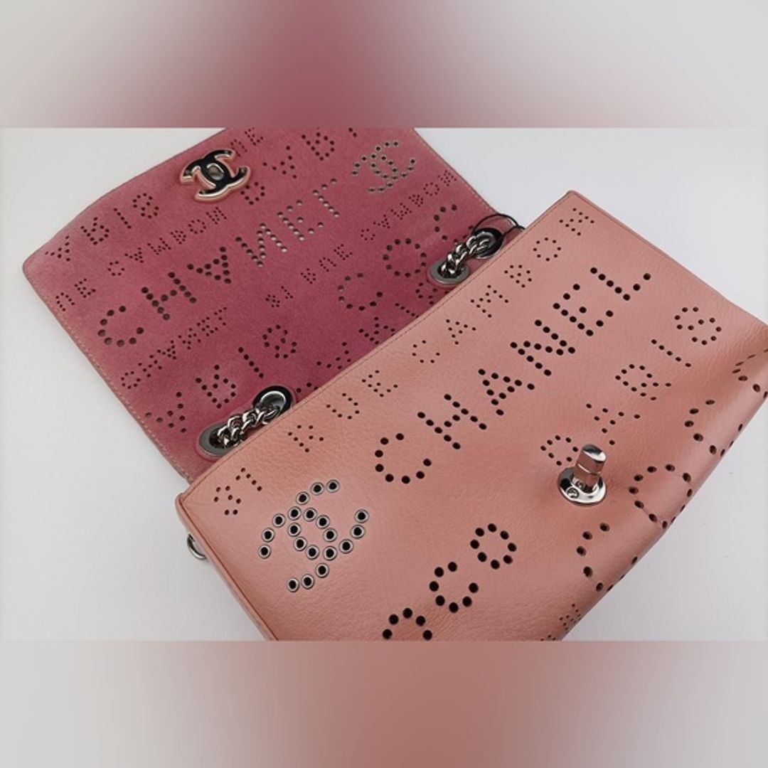 Chanel Leather Crossbody Perforated Eyelets Logo Mania Print Flap Bag