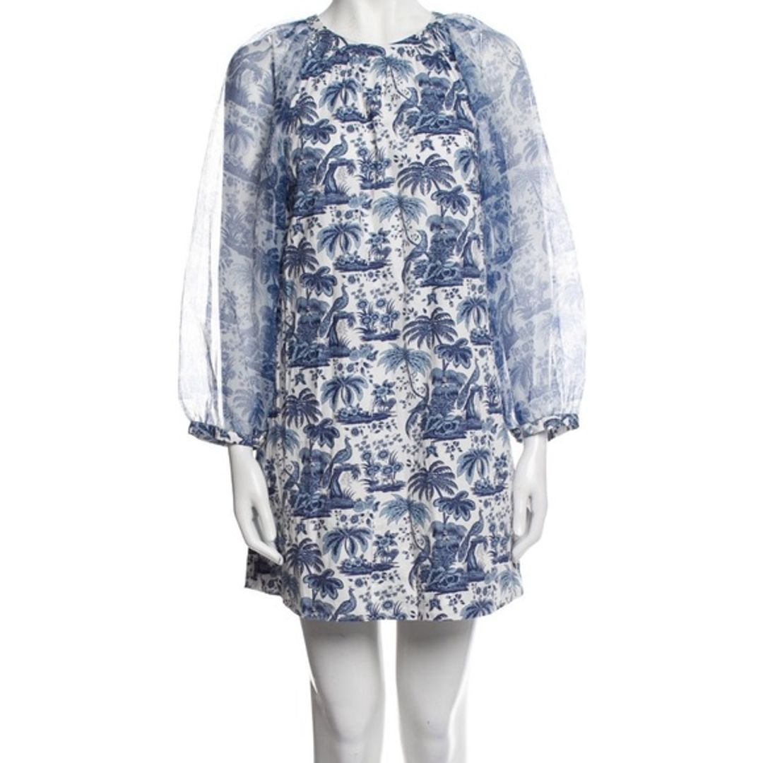 Garden Balloon Sleeve Shift Dress In China Blue Toile