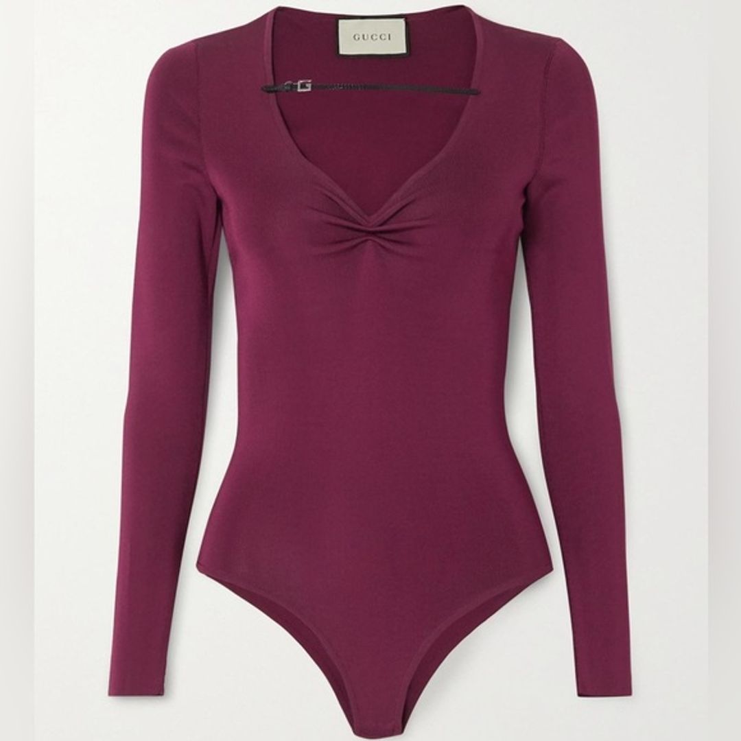 Gucci Women's Purple Ruched Patent Leather-trimmed Stretch-jersey Bodysuit