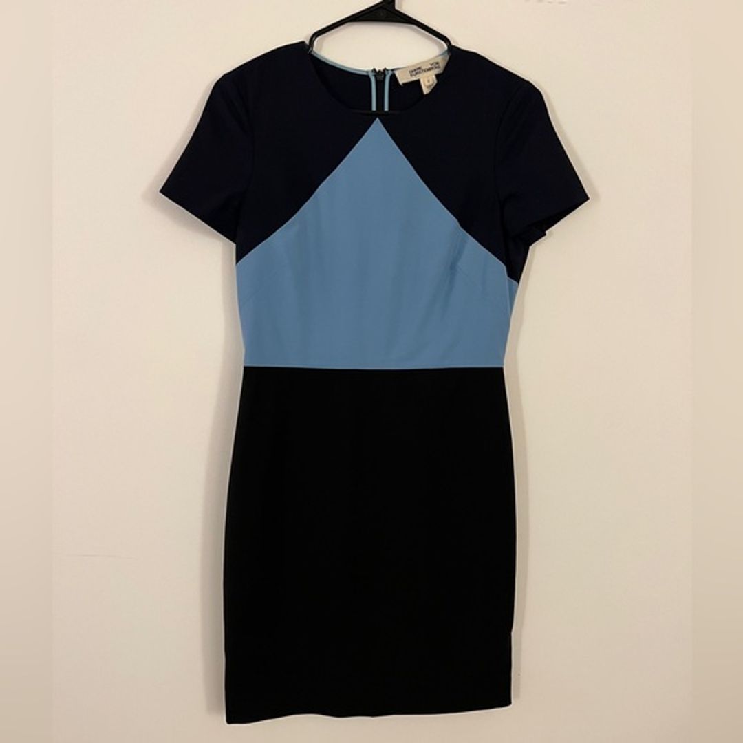 Diane con furstenberg colorblock navy blue shift work dress size 4