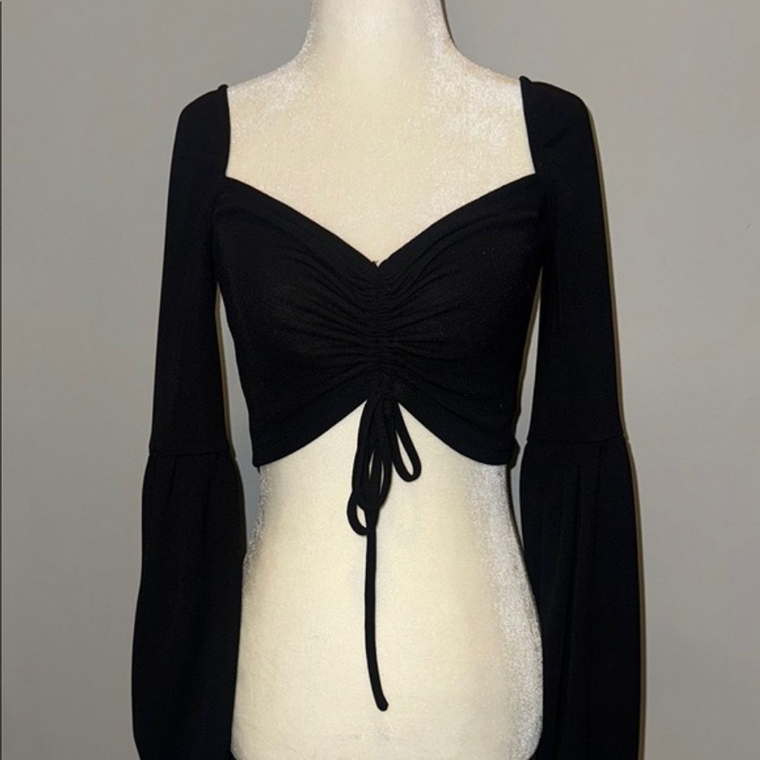 Princess Polly Black Ruched Tie Front Crop Blouse