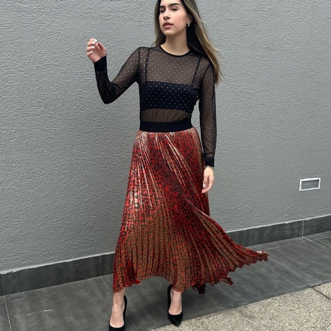 Katz Metallic Leopard Print Pleated Maxi Skirt