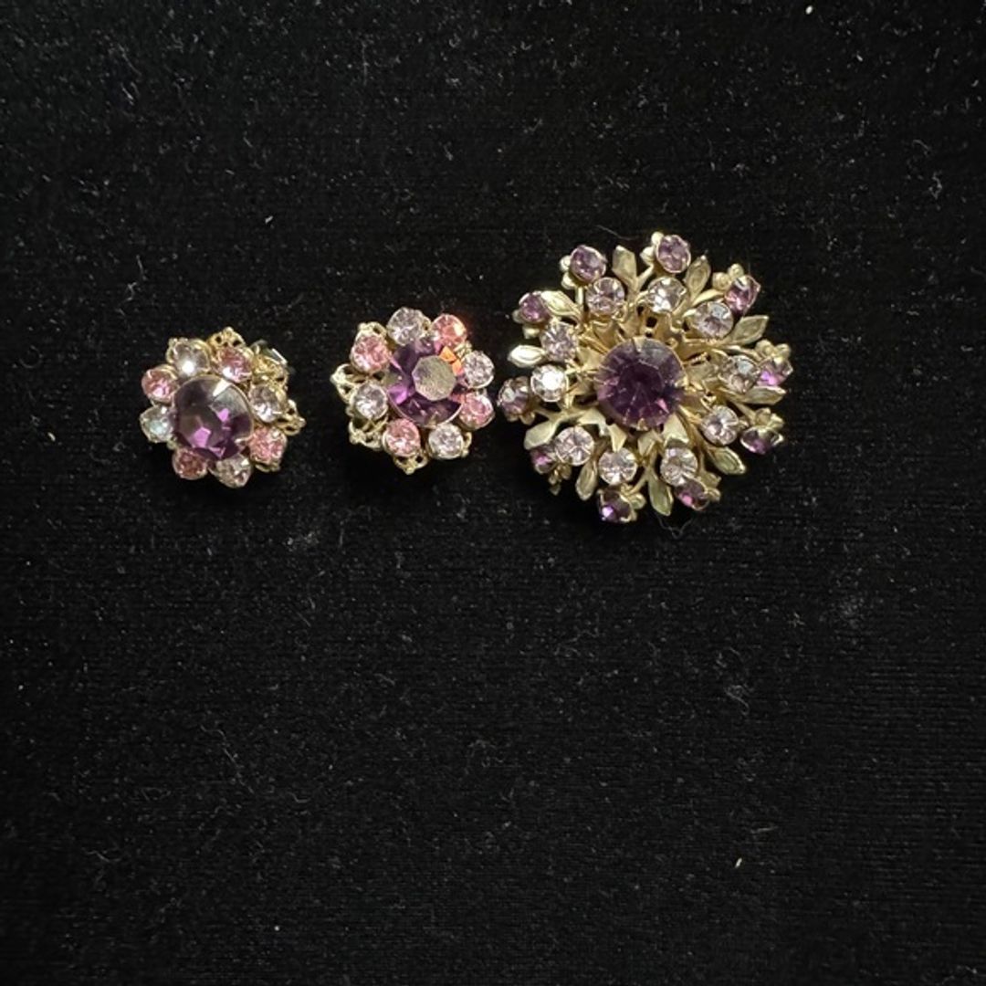 Vintage Purple and Pink Brooch and Earrings Set